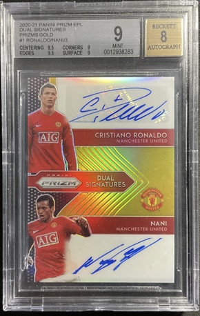 2020-21 EPL Prizm Cristiano Ronlado / Nani Gold Dual Autograph 1/3 BGS 9